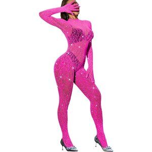 🆕Women Pink Sexy Lace Jumpsuit Leopard Fishnet Bodysuit Outfits Mesh Lingerie